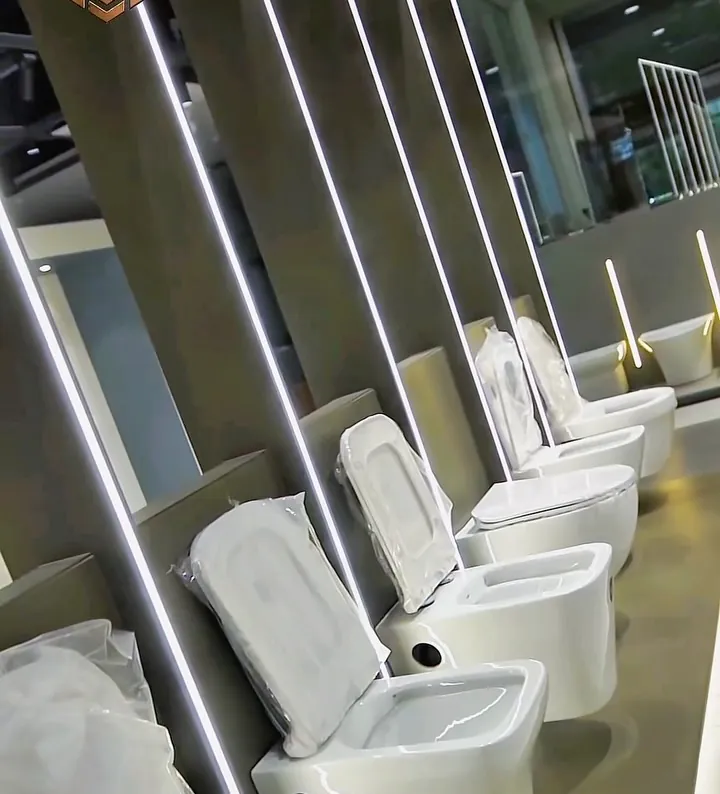 Row of wall-hung toilets on a lit display